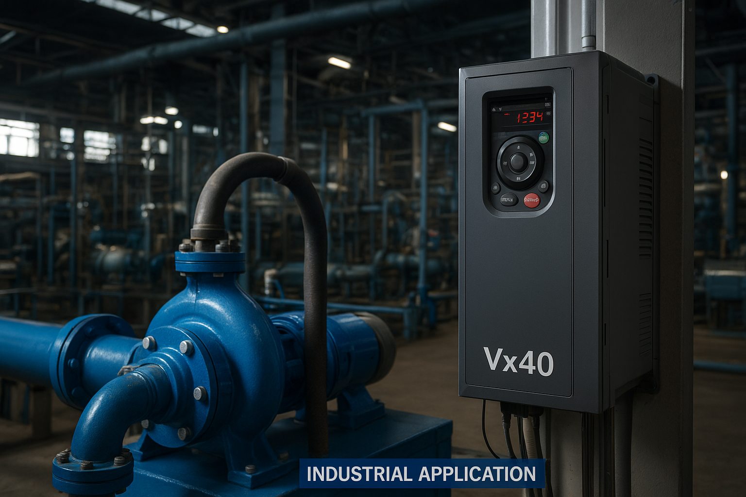 تصویر حرفه‌ای از اینورتر Vx40 در حال کنترل پمپ صنعتی